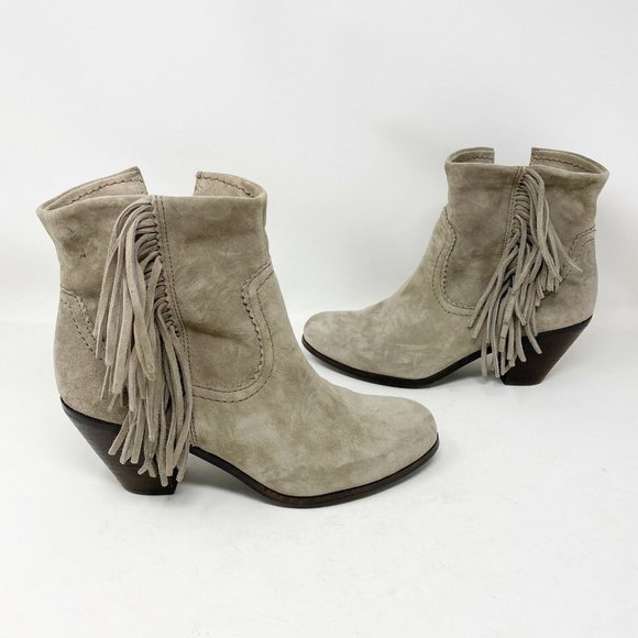 SAM EDELMAN LOUIE Boots Sz 9 Tan Suede Leather Fringe Ankle Booties Stacked Heel - Picture 5 of 11